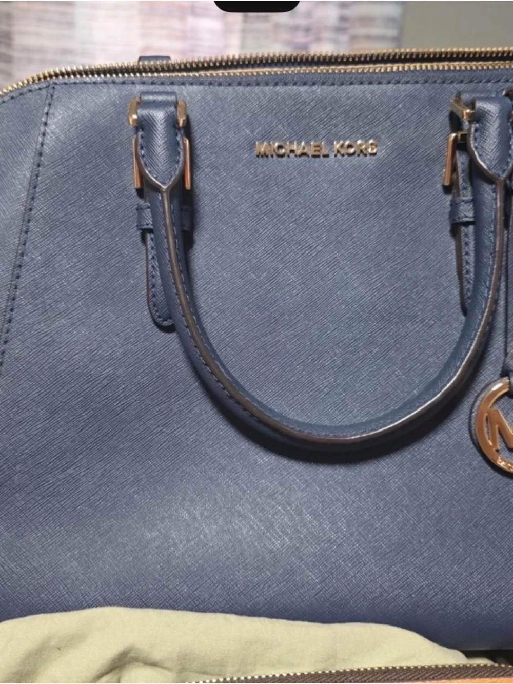 Michael Kors Blue Saffiano Leather Satchel with Gold Hardware